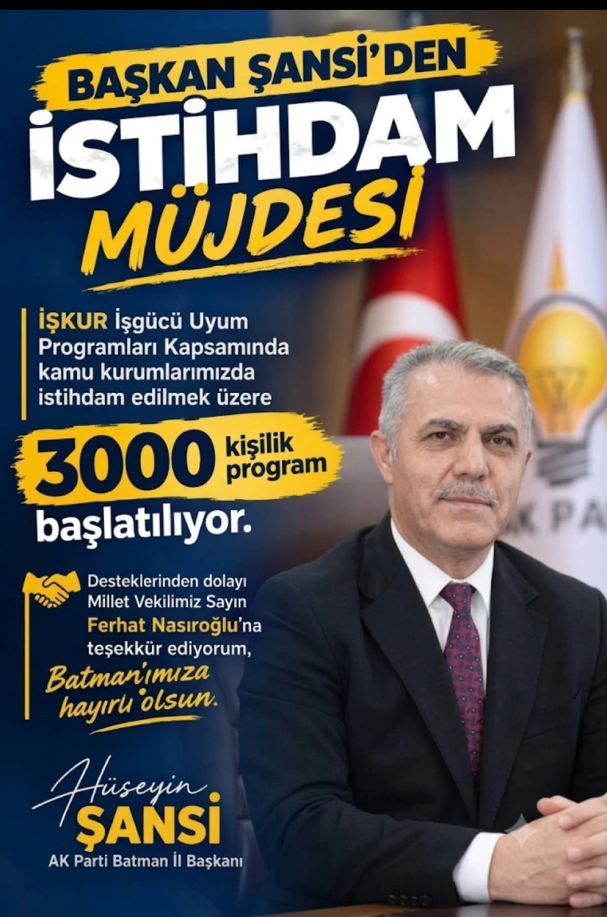 BAŞKAN ŞANSİ'DEN 3000 İSTİHDAM M&Uuml;JDESİ